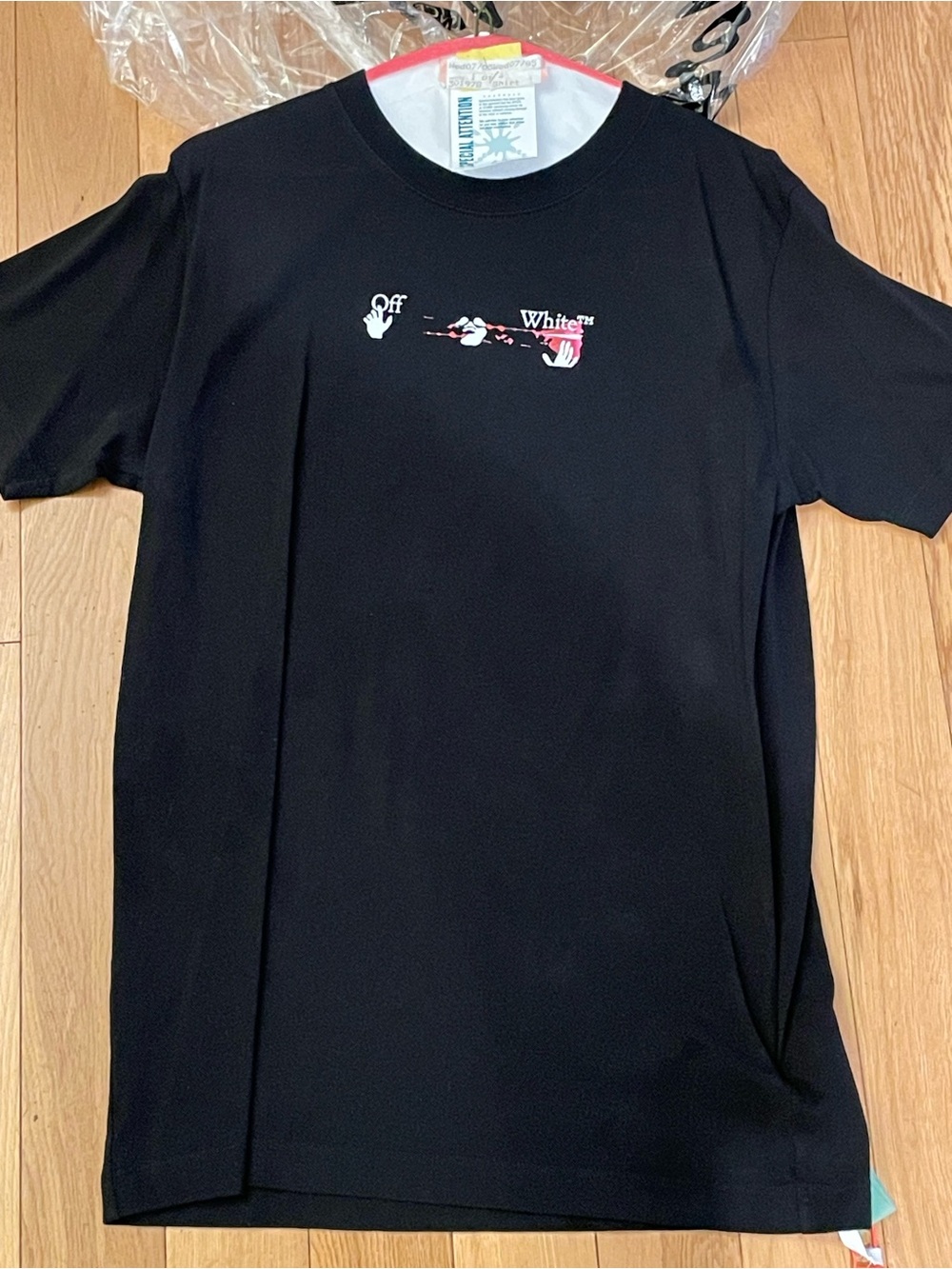 Off-White Black Short Sleeve Tee with White and Red Graphic
